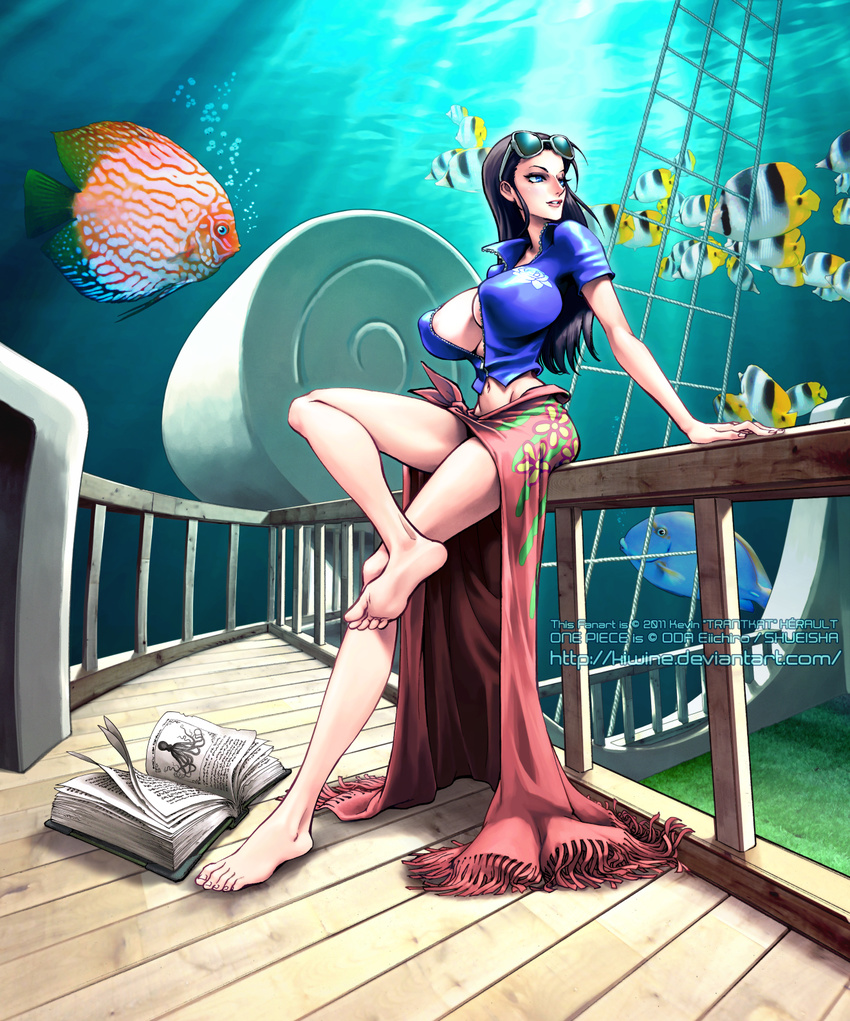 1girl arm_support barefoot black_hair blue_eyes blue_shirt book breasts bursting_breasts center_opening crop_top feet fish fishman_island floral_print flower from_side full_body glasses glasses_on_head grass groin hair_slicked_back highres kevin_herault large_breasts lips long_hair looking_back looking_to_the_side lowleg midriff navel nico_robin no_bra one_piece open_book open_clothes open_shirt outdoors pink_skirt sarong shirt short_sleeves sitting skirt soles solo sunglasses sunglasses_on_head sunlight thousand_sunny timeskip toes underwater unzipped water zipper