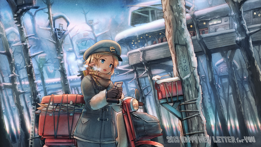 2013 bird blonde_hair blue_eyes breath coat elf ground_vehicle happy_new_year hat highres holding japanese_postal_mark kurobuta_gekkan letter mailbox_(incoming_mail) mittens motor_vehicle motorcycle new_year night night_sky open_mouth original pointy_ears scarf short_hair sky snow solo star_(sky) treehouse wallpaper