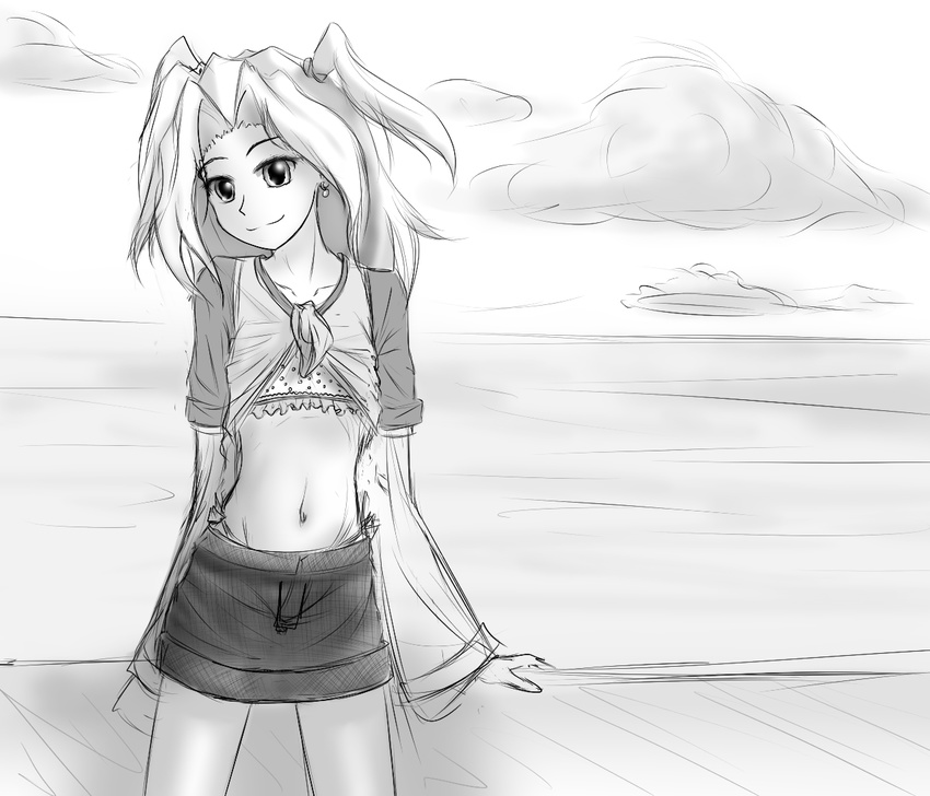 1girl from_police_to_kids iichan.ru midriff monochrome mvd-tan ocean sea skirt smile solo