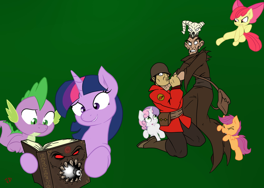 bite bombinomicon book cub cutie_mark_crusaders_(mlp) dragon equine female feral fight friendship_is_magic green_background group horn horse human male mammal merasmus_(team_fortress_2) my_little_pony pegasus plain_background pony scalie scootaloo_(mlp) soldier_(team_fortress_2) spike_(mlp) strangle sweetie_belle_(mlp) team_fortress_2 theshadowdude1031 twilight_sparkle_(mlp) unicorn wings young