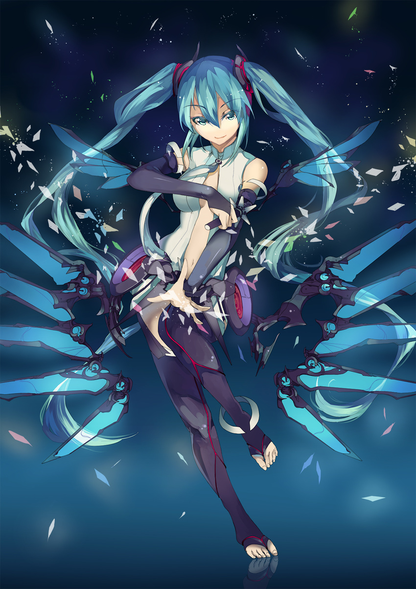 anklet aqua_hair barefoot bridal_gauntlets center_opening feet green_eyes hatsune_miku hatsune_miku_(append) highres jewelry long_hair navel necktie smile solo tajador thighhighs toeless_legwear toes twintails very_long_hair vocaloid vocaloid_append wings