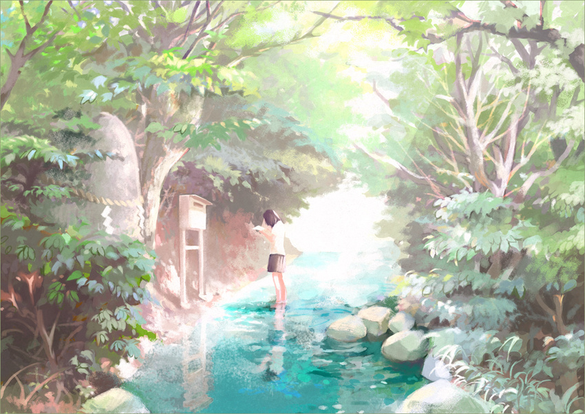 bad_id bad_pixiv_id barefoot brown_hair copyright_request forest nature reflection scenery school_uniform solo tree wakana_(nagomoo) water