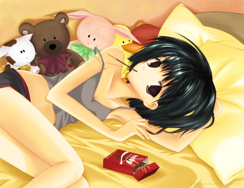 autumndark bare_shoulders bed black_hair brown_eyes camisole copyright_request food looking_at_viewer lying midriff on_side pillow pocky short_hair solo strap_slip stuffed_animal stuffed_bunny stuffed_cow stuffed_duck stuffed_toy teddy_bear