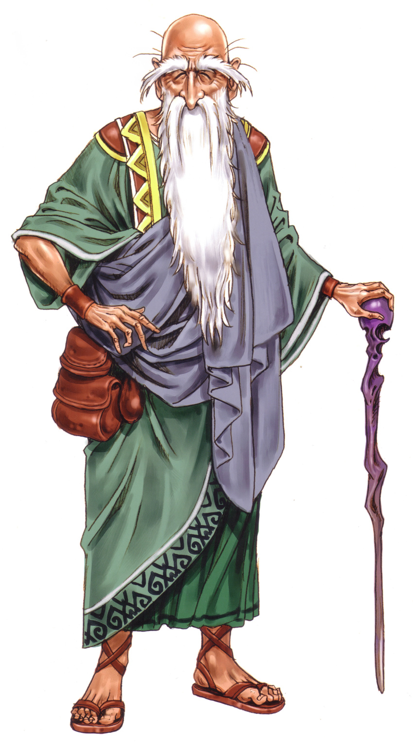 ^_^ absurdres bag bald beard bracer brown_footwear closed_eyes closed_mouth facial_hair facing_viewer full_body hand_on_hip highres long_eyebrows long_sleeves male_focus old_man outstretched_hand robe sandals shawl simple_background solo staff standing white_background wild_flower wrinkles yamashita_shun'ya