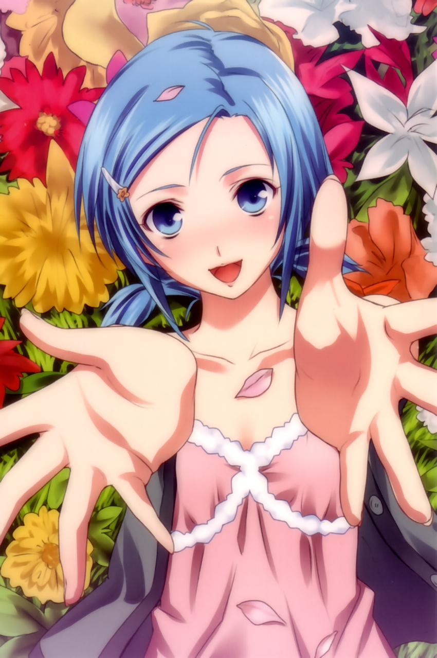blue_eyes blue_hair enbi_kanade flower hair_ornament hairclip highres open_mouth petals solo startrain yasuyuki