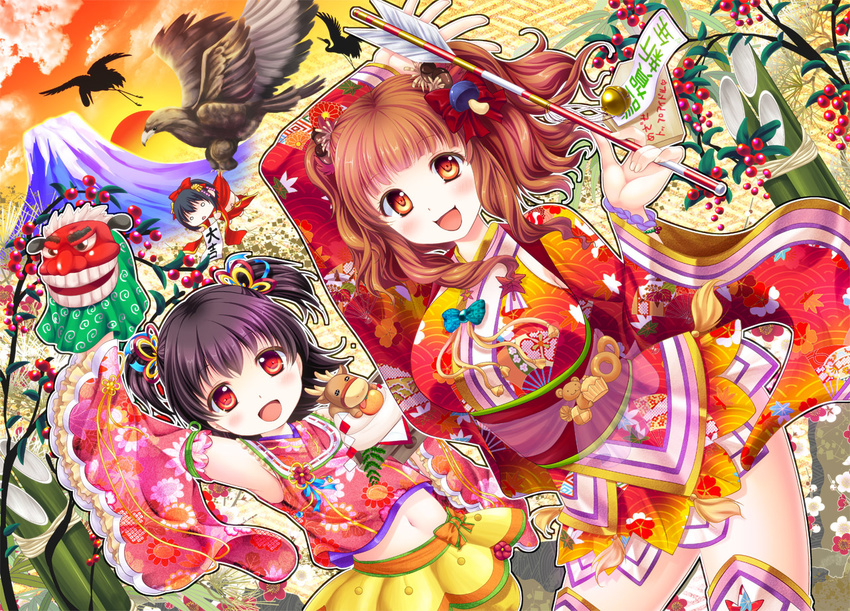 :d akagi_miria armpits arms_up arrow bamboo bare_shoulders bird black_hair blush breasts brown_eyes brown_hair carrying chibi detached_sleeves dress empty_eyes hair_bun hair_ornament hatsuyume hawk idolmaster idolmaster_cinderella_girls japanese_clothes kadomatsu kimono large_breasts long_hair mask matsunami_rumi midriff moroboshi_kirari mountain multiple_girls new_year open_mouth red_eyes short_hair skirt smile sun takafuji_kako thighhighs twintails