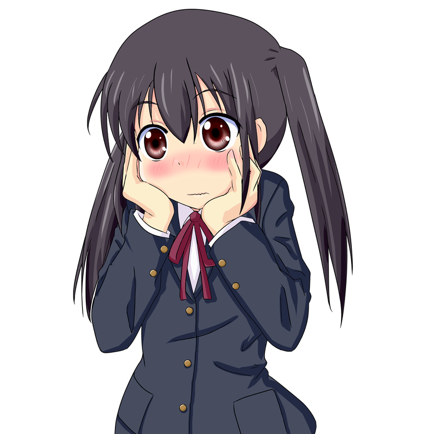 black_hair blazer blush brown_eyes hands_on_own_cheeks hands_on_own_face highres jacket k-on! long_hair nakano_azusa school_uniform takumi_(rozen_garten) twintails