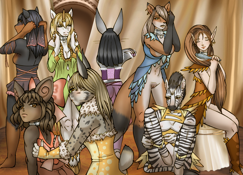 anthro birshing_hair black_hair blonde_hair bottomless bow breasts brown_hair brush brushing_hair canine clothed clothing collar collars corset dog dressing elf equine fates_of_the_unicorns feline female fox hair hair_brush hair_burshing half-dressed harem horn k9 lagomorph mammal mouse nipples pussy rabbit rodent skimpy skirt slave slavery slaves table tag tags undressing unicorn vaporeon249 zebra