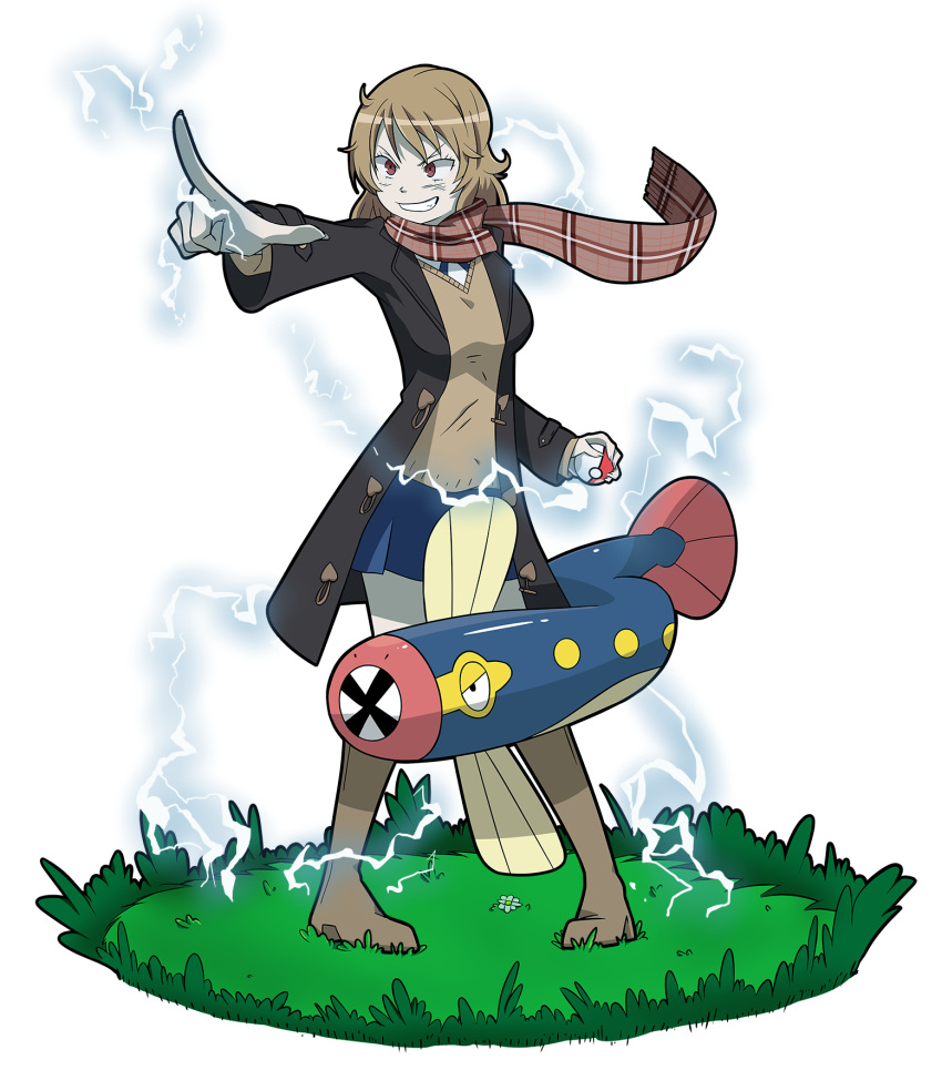 1girl blonde_hair blue_skirt boots brown_eyes coat coppelion creatures_(company) crossover eelektrik electricity fingernails full_body game_freak gen_5_pokemon grass grin highres long_fingernails long_hair miniskirt nintendo official_style ozu_kanon pale_skin pointing poke_ball pokemon pokemon_(game) pokemon_bw power_connection scarf showers-u skirt smile source_request standing sweater_vest transparent_background