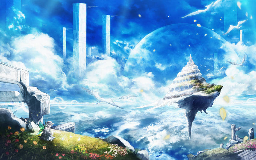 bird butterfly_wings chitose_rin cloud cloudy_sky cupping_hands day dress fantasy floating floating_island flower grass highres landscape obelisk original pillar pointy_ears red_flower red_rose rose ruins scenery seashell shell sky solo squatting stairs white_dress white_hair wings yellow_flower yellow_rose