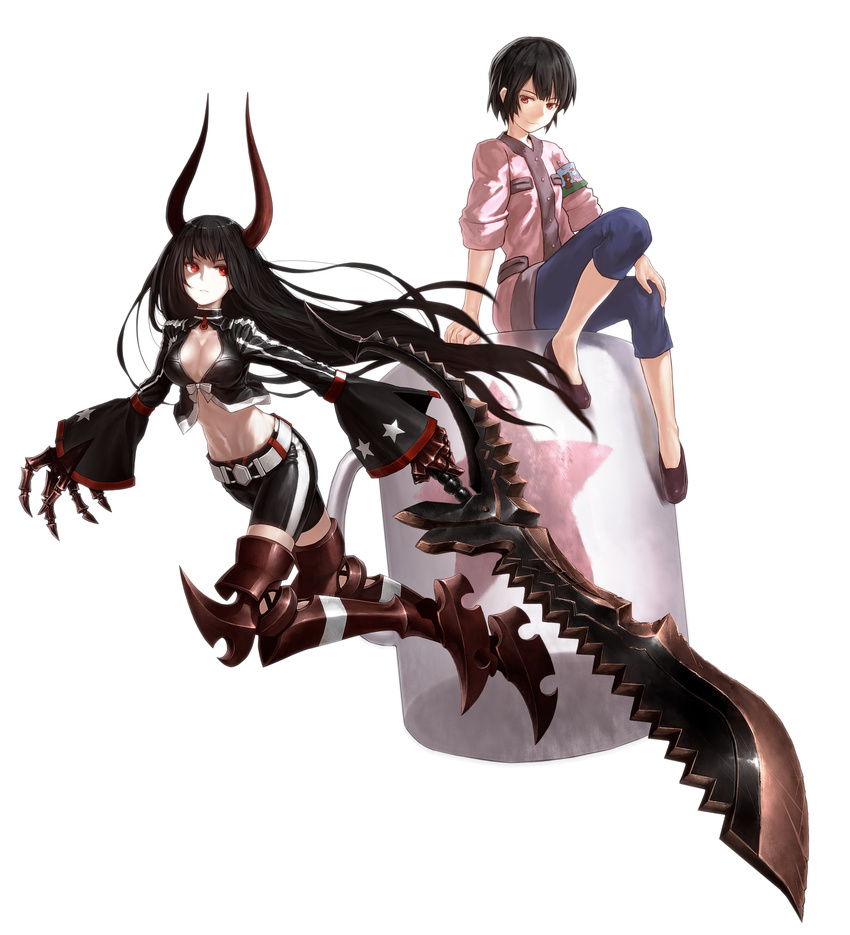 absurdres armor belt bike_shorts black_gold_saw black_hair black_rock_shooter boots breasts claws cleavage cup dual_persona highres horns huge_weapon irino_saya king_saw lain long_hair long_sleeves medium_breasts midriff mole mole_under_mouth mug multiple_girls pants red_eyes shirt short_hair sitting sleeves_folded_up smile sword very_long_hair weapon wide_sleeves