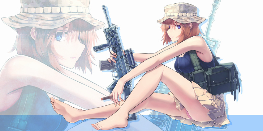 assault_rifle barefoot blue_eyes boonie_hat call_of_duty call_of_duty_4 cigar genderswap genderswap_(mtf) gun highres john_price load_bearing_vest military_operator panties pantyshot rifle short_hair sig_552 sig_sauer siqi_(miharuu) solo underwear vertical_foregrip weapon zoom_layer