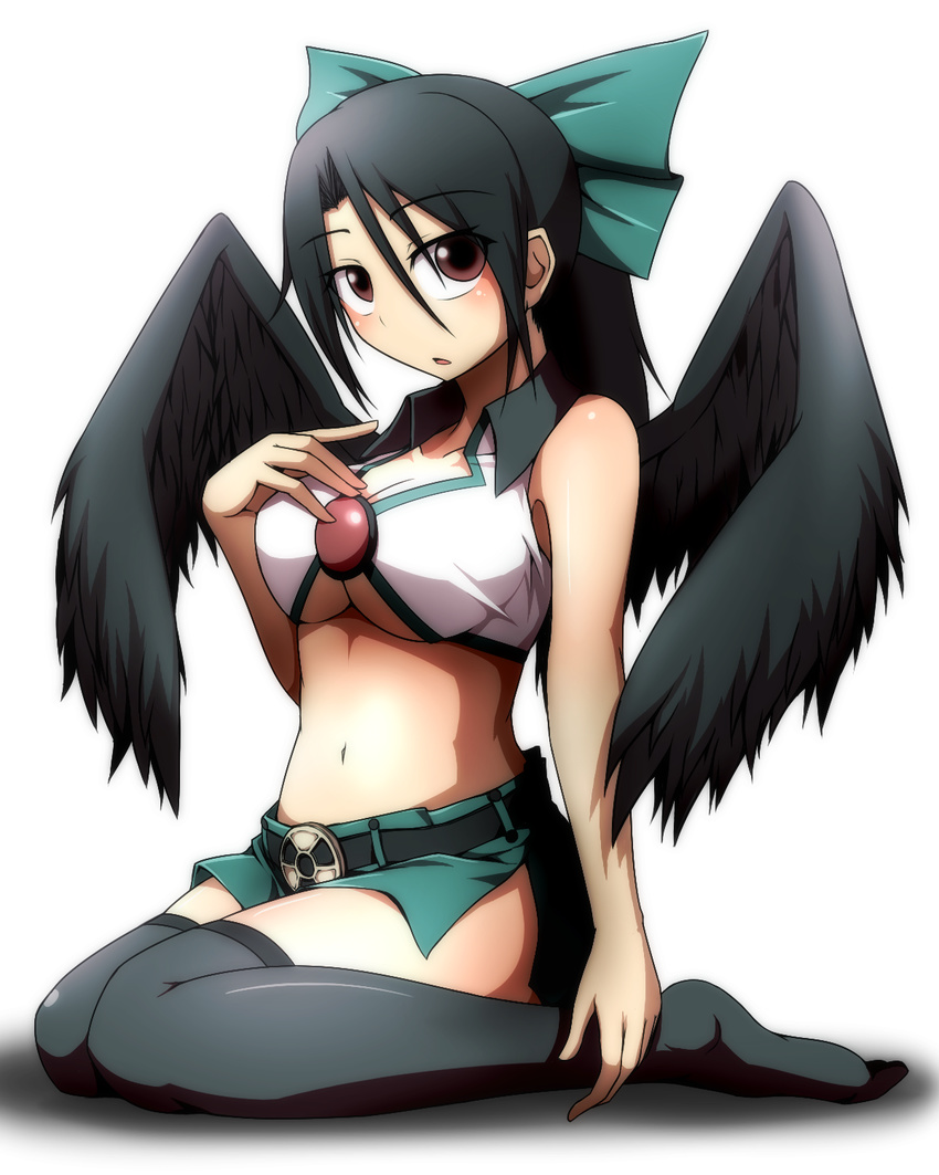 adapted_costume bad_id bad_pixiv_id bare_arms belt black_hair black_legwear black_wings bow breasts brown_eyes cleavage collarbone hair_bow hand_on_own_chest highres kuroba_rapid large_breasts long_hair looking_at_viewer midriff miniskirt navel no_shoes radiation_symbol reiuji_utsuho shirt sitting skirt solo thighhighs third_eye touhou underboob wariza wings