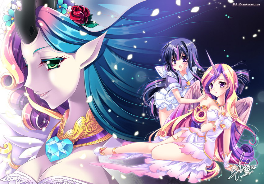 3girls bare_shoulders colored_eyelashes fingerless_gloves flower full_body gem gloves green_eyes hair_flower hair_ornament hand_on_shoulder heart horn jewelry jitome lace long_hair multicolored_hair multiple_girls my_little_pony my_little_pony_friendship_is_magic necklace parted_lips personification petals princess_mi_amore_cadenza purple_eyes purple_skin queen_chrysalis rose sailor_collar sakurano_tsuyu school_uniform serafuku signature torn_clothes transformation twilight_sparkle two-tone_hair very_long_hair wings wreath