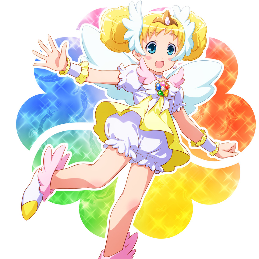 bare_legs blonde_hair bloomers blue_eyes brooch candy_(smile_precure!) choker double_bun earrings highres jewelry personification precure rainbow_background royal_candy sayousuke shoes short_hair skirt smile smile_precure! solo tiara underwear white_bloomers white_choker wrist_cuffs