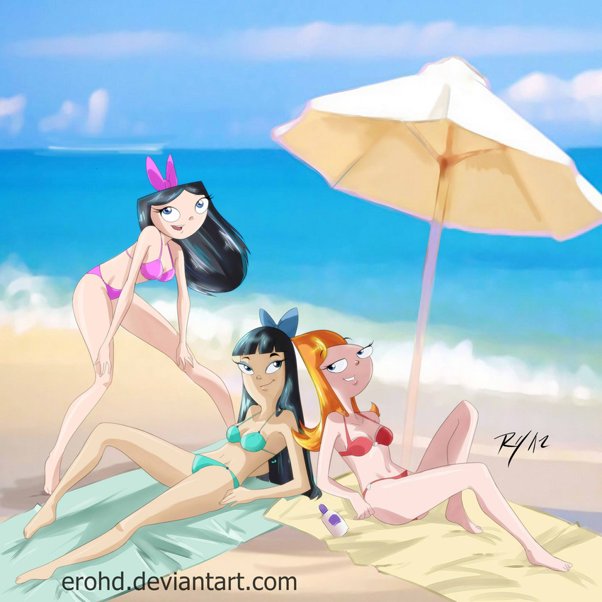 3girls beach bikini black_hair bow bra candace_flynn happy isabella panties phineas_and_ferb red_hair smile stacy swimsuit towels umbrella