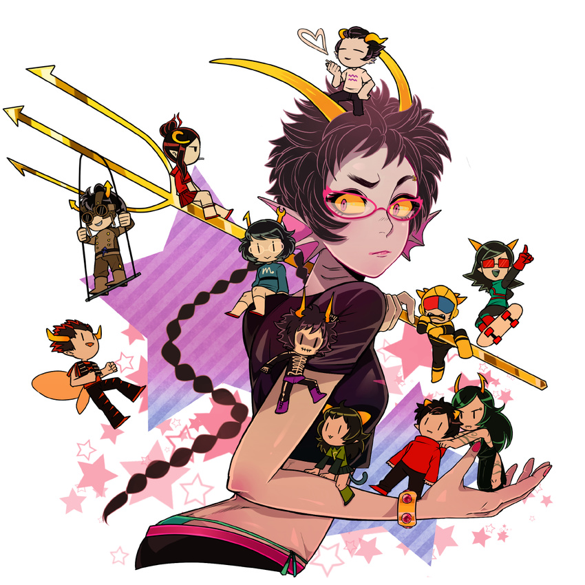 6+girls :&gt; :3 aranea_serket bad_id bad_pixiv_id black_hair bodypaint bracelet braid cat_tail chibi closed_eyes cronus_ampora damara_megido dengaku_ame dress everyone eyebrow_piercing fangs gills glasses goggles green_hair grey_skin head_fins heart helmet highres homestuck horns horuss_zahhak jewelry kankri_vantas kurloz_makara latula_pyrope long_hair meenah_peixes meulin_leijon mituna_captor multicolored_hair multiple_boys multiple_girls nail_polish open_mouth piercing pink_eyes pointy_ears polearm porrim_maryam rufioh_nitram short_hair single_braid skateboard skeleton_costume skirt string_bikini sunglasses sweater tail trident troll_(homestuck) two-tone_hair weapon wings yellow_sclera |_|