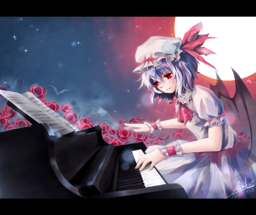 bat bat_wings blue_hair dress flower full_moon hat hat_ribbon highres instrument letterboxed moon musical_note nangua_mache piano playing red_eyes red_moon remilia_scarlet ribbon rose sheet_music short_hair smile solo touhou wings wrist_cuffs