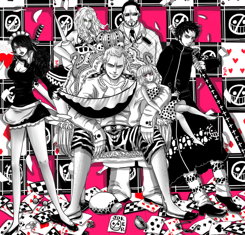 3boys 3girls absurdres baby_5 black_hair card chair cigarette donquixote_doflamingo donquixote_pirates dress dressrosa formal frown green_eyes hair_over_one_eye hat hat_removed headwear_removed highres joker jolly_roger leaning_back long_hair looking_at_viewer luneisweenysweet maid maid_headdress monet_(one_piece) multiple_boys multiple_girls nodachi one_piece open_clothes open_shirt playing_card playing_cards polka_dot polka_dot_dress punk_hazard sheath sheathed shichibukai shirt short_hair sisters sitting smirk smoke smoking standing sugar_(one_piece) suit sunglasses sword throne trafalgar_law vergo virgo_(one_piece) weapon