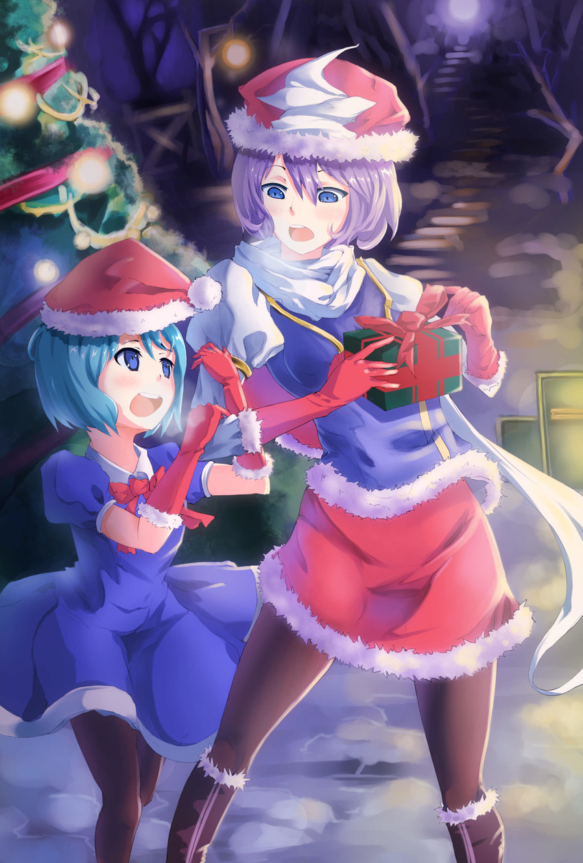 absurdres adapted_costume black_legwear blue_eyes blue_hair blush boots bow box breasts christmas christmas_tree cirno dress elbow_gloves flaurel gift gift_box gloves hair_bow hat highres lavender_hair letty_whiterock medium_breasts multiple_girls open_mouth pantyhose purple_hair red_gloves santa_costume santa_hat scarf short_hair skirt smile touhou white_scarf