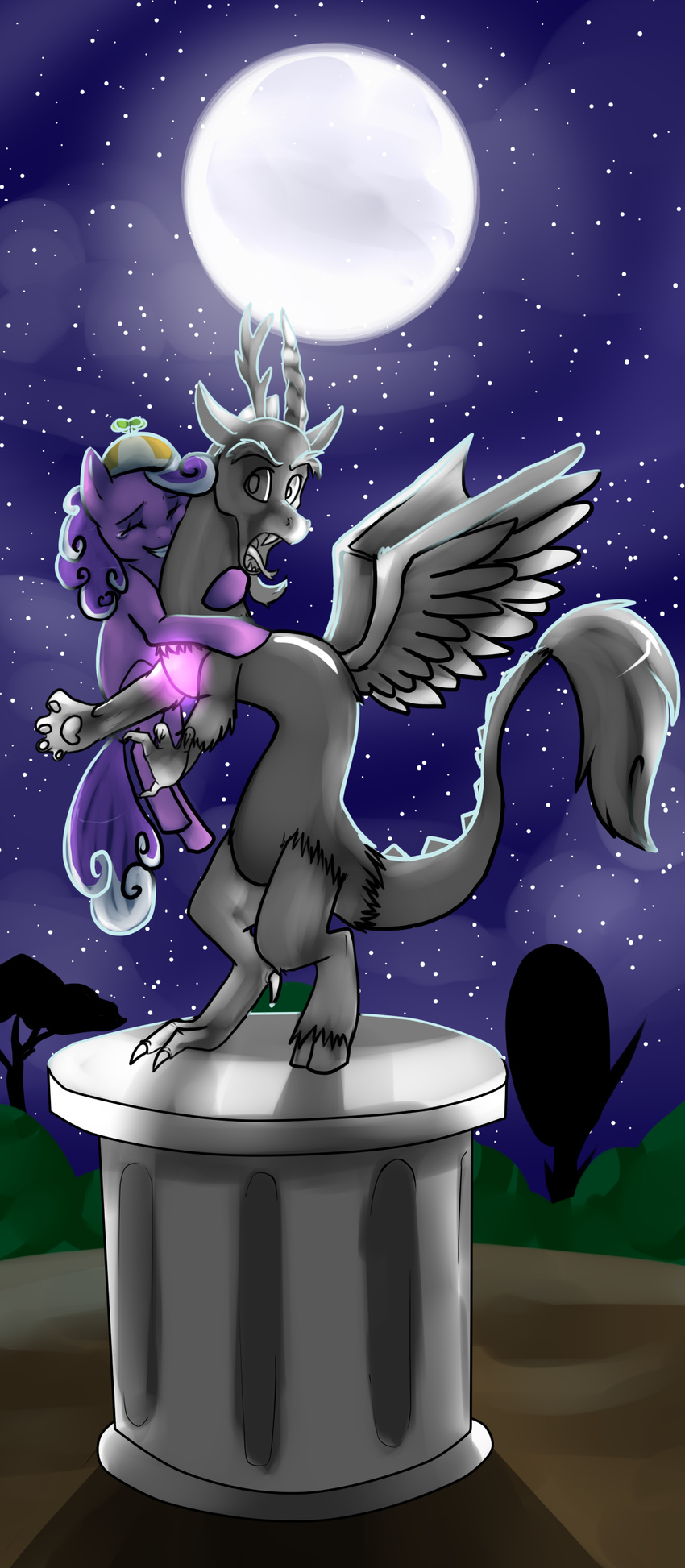 discord_(mlp) draconequus embrace equine female feral friendship_is_magic horse hug male mammal moon my_little_pony night ninetail-fox outside pony propeller_hat sad screwball_(mlp) sculpture standing statue tear tears
