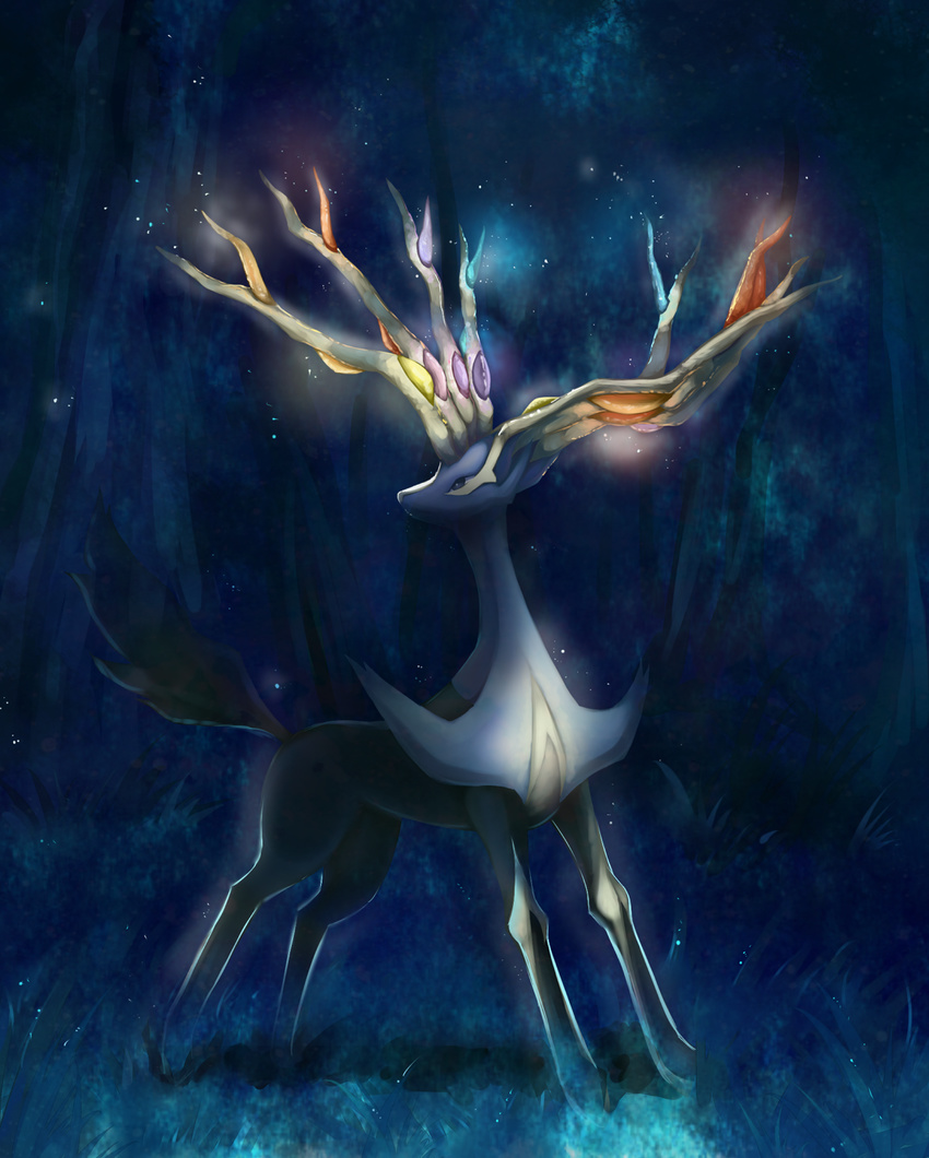 antlers blue_eyes drawfag forest glowing highres highvoltage joltik_(artist) nature no_humans pokemon pokemon_(game) pokemon_xy xerneas