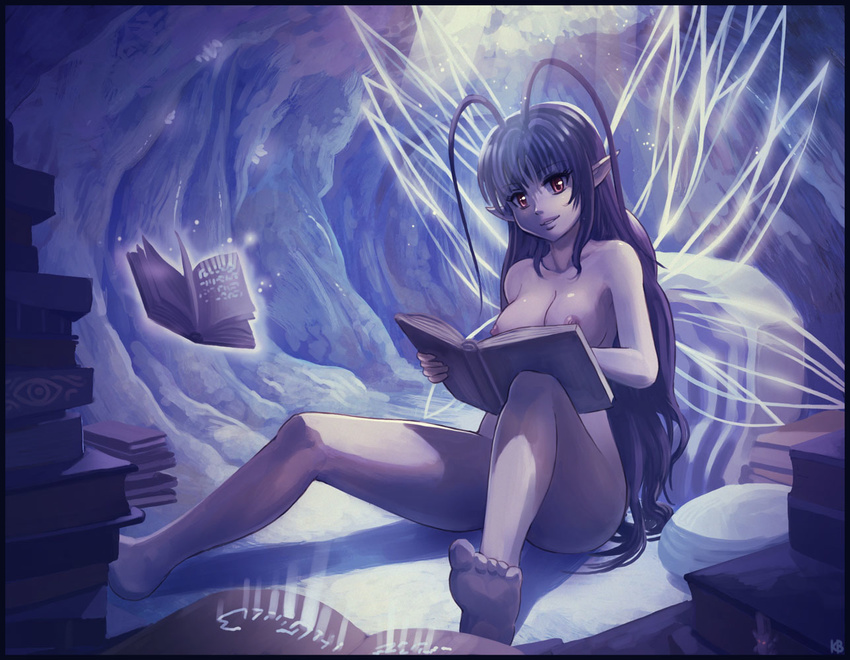 antenna_hair barefoot book breasts censored convenient_censoring fairy feet felarya karbo legs long_hair md5_mismatch medium_breasts nipples nude pointy_ears reading red_eyes soinee solo very_long_hair wings