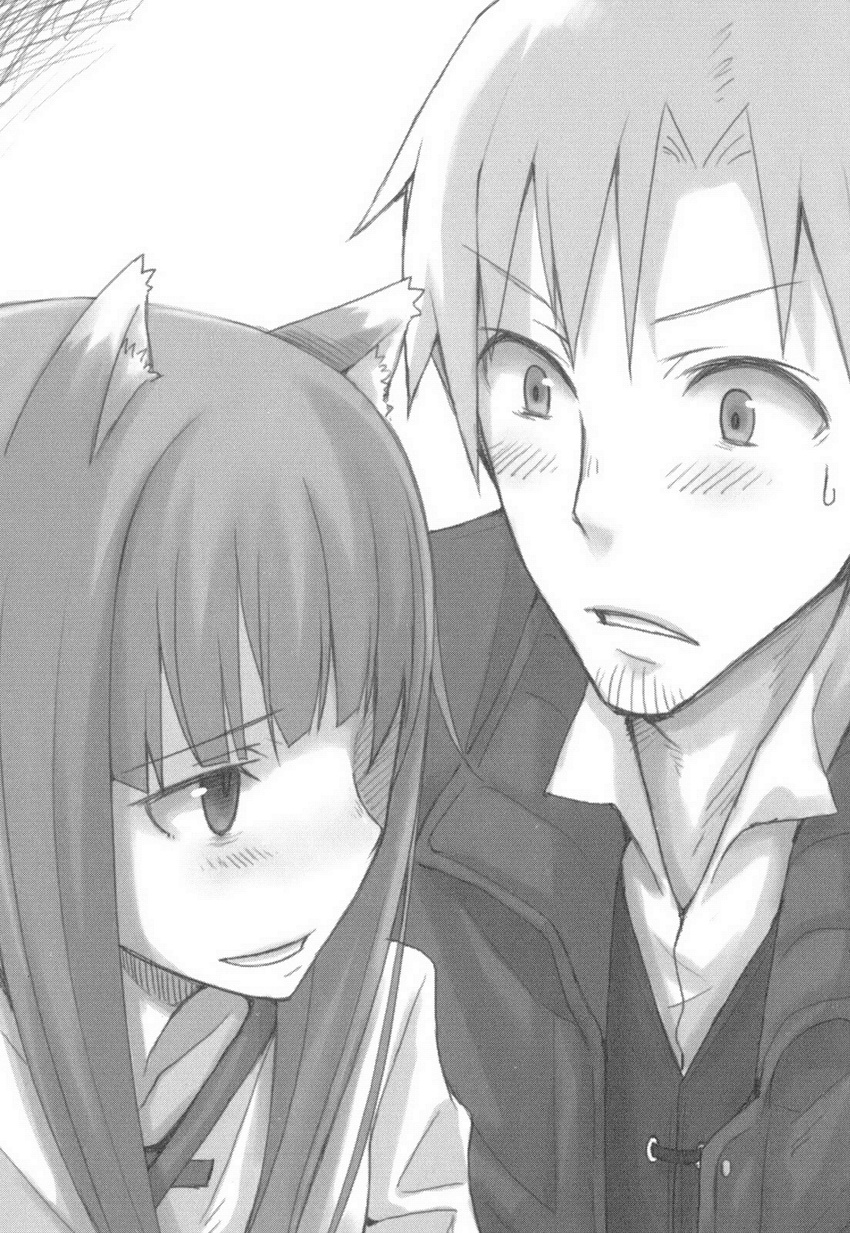 1girl :d animal_ears ayakura_juu bangs blunt_bangs blush craft_lawrence eye_contact facial_hair greyscale highres holo jacket long_hair looking_at_another monochrome non-web_source novel_illustration official_art open_clothes open_jacket open_mouth parted_bangs parted_lips profile scan shirt smile spice_and_wolf stubble surprised sweatdrop upper_body wide-eyed wolf_ears
