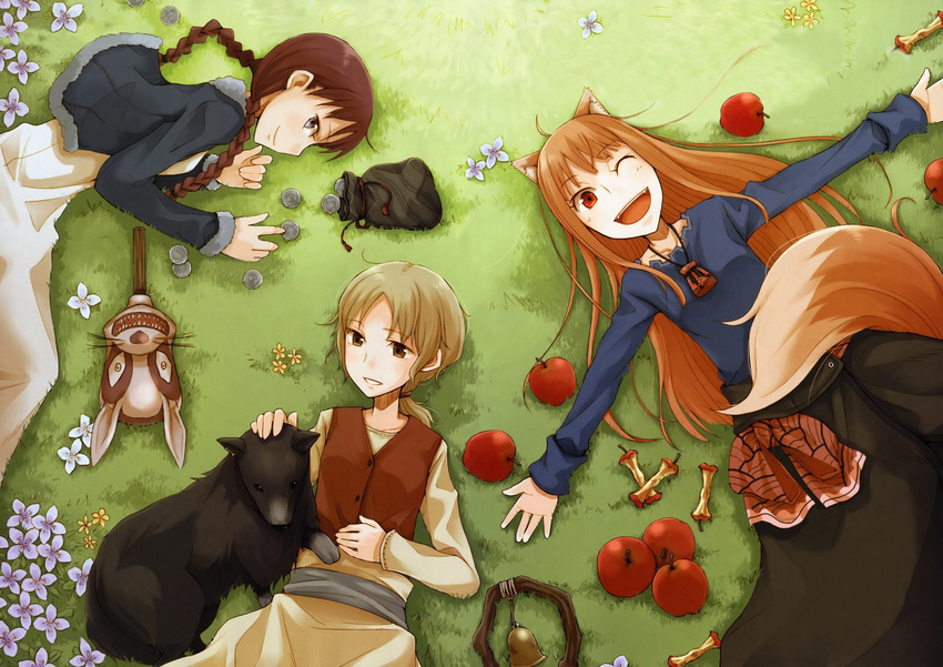 animal_ears apple ayakura_juu blonde_hair border_collie braid brown_hair chloe_(spice_and_wolf) circle_formation coin dog enekk flower food fruit grass highres holo long_hair lying multiple_girls nora_arento one_eye_closed ponytail pouch red_eyes skirt spice_and_wolf tail vest wolf_ears