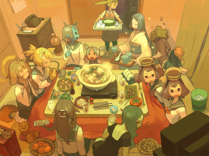 animal_ears bakeneko blue_oni blue_skin bucket cat_ears cat_tail chopstick_rest chopsticks cup demon_girl dog_ears dog_tail drinking_glass eating food forked_tongue fox fruit green_hair green_skin hat horn horns iwamoto_zerogo kotatsu mandarin_orange monster monster_girl multiple_girls nabe object_on_head oni onigiri original phone red_oni school_uniform serafuku soy_sauce table tail tongue tray watching_television wooden_bucket youkai yuki_onna zzz