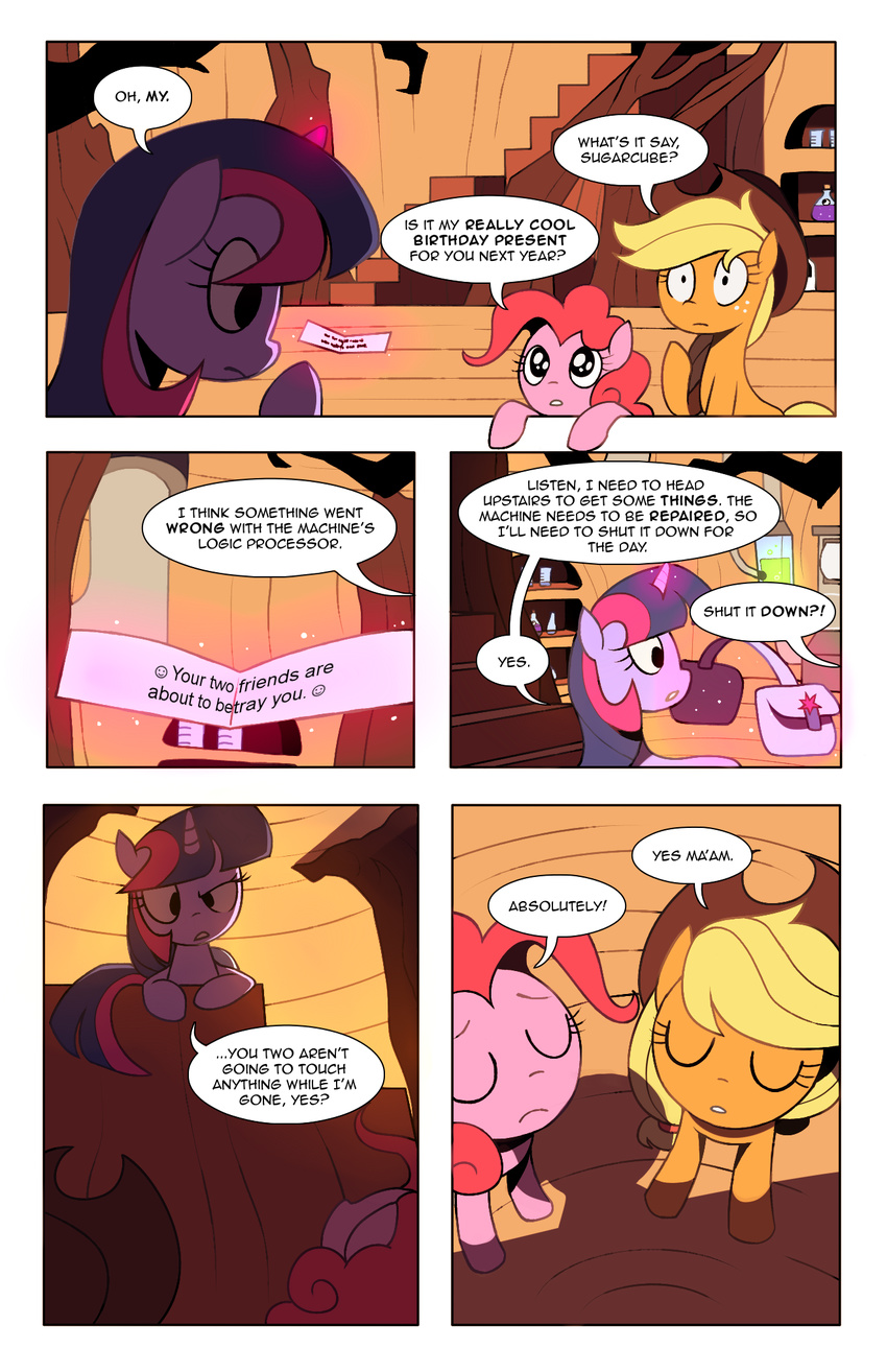 applejack_(mlp) cowboy_hat cutie_mark dialog dialogue english_text equine female feral fortune friendship_is_magic hat horn horse karzahnii machine mammal mechanical my_little_pony note pinkie_pie_(mlp) pony smile tears text twilight_sparkle_(mlp) unicorn