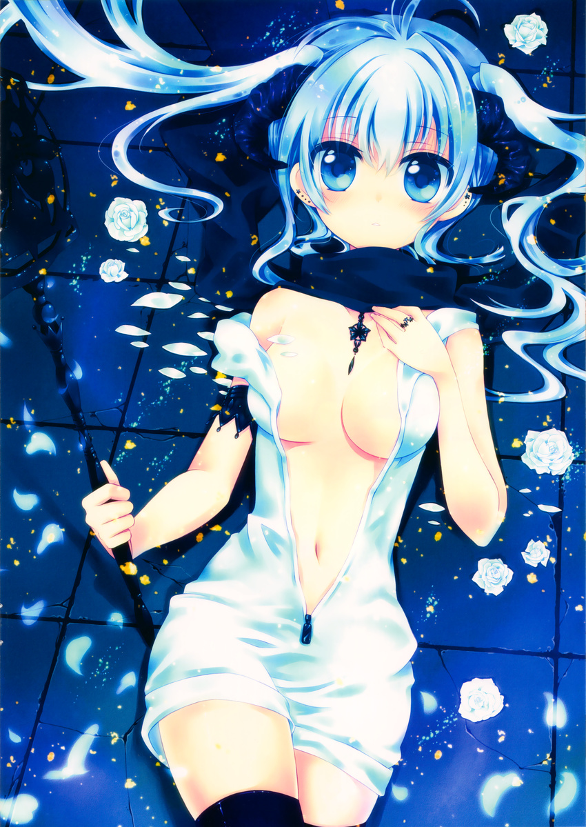 absurdres blue_eyes blue_hair blue_legwear blush breasts cleavage copyright_request flower highres huge_filesize jewelry konno_kengo lying medium_breasts necklace no_bra off_shoulder parted_lips petals rose rose_petals scarf thighhighs tile_floor tiles twintails unzipped wand white_flower white_rose zipper