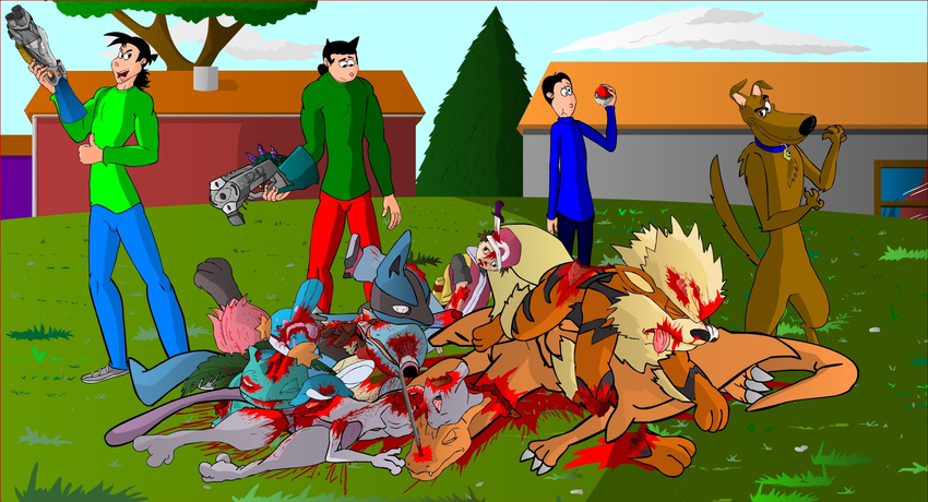 ambiguous_gender arcanine blood canine carnage charizard collar dead death decapitation dog eevo_(author) eevo_(character) eevo_(character)alex_(character) elder_(character) gang gore gotta_kill_em_all gun guts human innards ivysaur jujo_(character) kill knife legendary_pok&#233;mon lucario male mammal mewtwo mudkip neighbourhood nintendo parody pok&#233;ball pok&#233;mon pok&#233;mon_trainer pok&eacute;ball pok&eacute;mon pok&eacute;mon_trainer pokemon_(series) ranged_weapon severed_head slaughter squirtle stereotypes unwilling_stereotypes video_games weapon