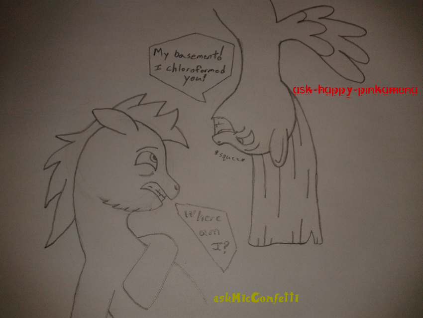 ambiguous_gender ask-happy-pinkamena askmicconfetti beard dialogue english_text equine facial_hair hand_drawn insane my_little_pony original_character paper pegasi pegasus pencil plain_background scared squee text upside_down white_background wings