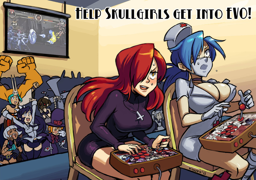 &gt;_&lt; arcade_stick black_legwear black_sclera bloody_marie_(skullgirls) blue_hair breasts bursting_breasts cerebella_(skullgirls) choker cleavage closed_eyes controller cross cross_necklace crowd dark_skin english evolution_championship_series eyepatch filia_(skullgirls) game_controller gloves green_hair hair_over_one_eye hat impossible_clothes impossible_sweater inverted_cross jewelry joystick large_breasts legs living_clothes mariel_cartwright mask miniskirt ms._fortune_(skullgirls) multiple_girls necklace no_bra nurse nurse_cap orange_hair painwheel_(skullgirls) parasoul_(skullgirls) peacock_(skullgirls) playing_games red_hair samson_(skullgirls) scar school_uniform skirt skullgirls sweat sweater thighhighs thighs top_hat valentine_(skullgirls) vice-versa_(skullgirls) video_game whistling yellow_eyes