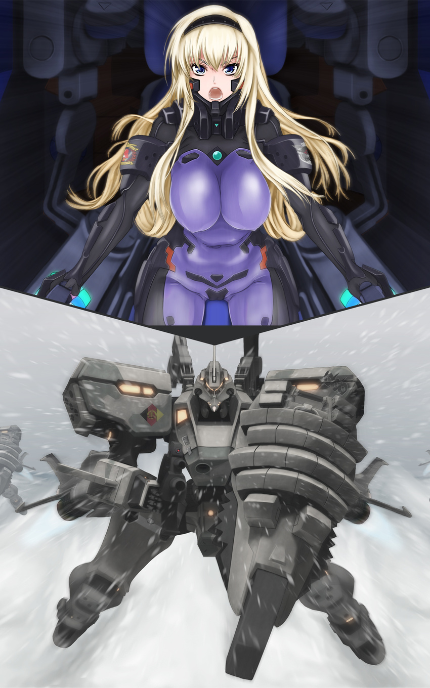 1girl blonde_hair blue_eyes bodysuit breasts east_germany german_flag germany highres impossible_clothes irisdina_bernhard large_breasts mecha mig-21pf_balalaika muvluv open_mouth scharfschutze schwarzesmarken