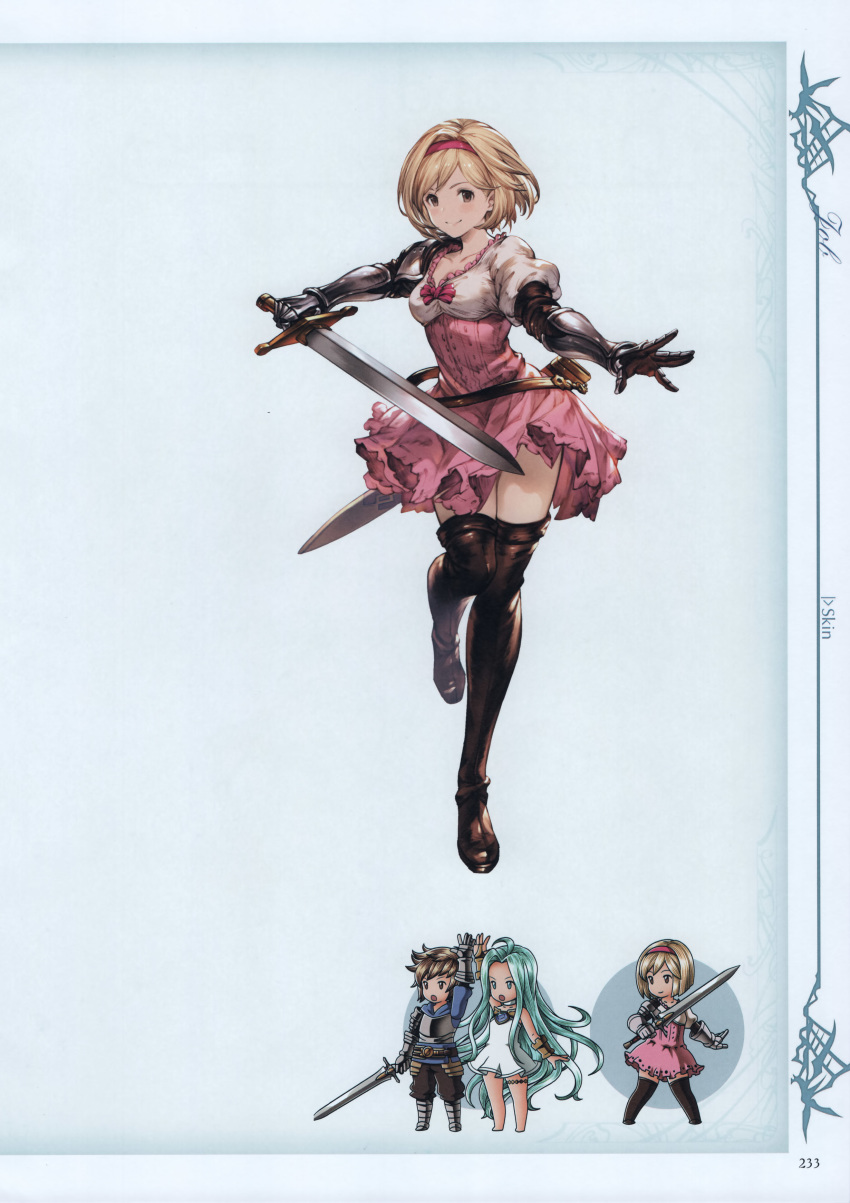 1girl absurdres bangs blonde_hair boots breasts brown_eyes collarbone djeeta_(granblue_fantasy) dress fighter_(granblue_fantasy) full_body gauntlets granblue_fantasy hairband highres holding holding_sword holding_weapon juliet_sleeves leg_up long_sleeves looking_at_viewer medium_breasts minaba_hideo official_art pink_dress pink_hairband puffy_sleeves scabbard scan sheath short_dress short_hair smile solo standing sword thigh_boots thighhighs weapon zettai_ryouiki