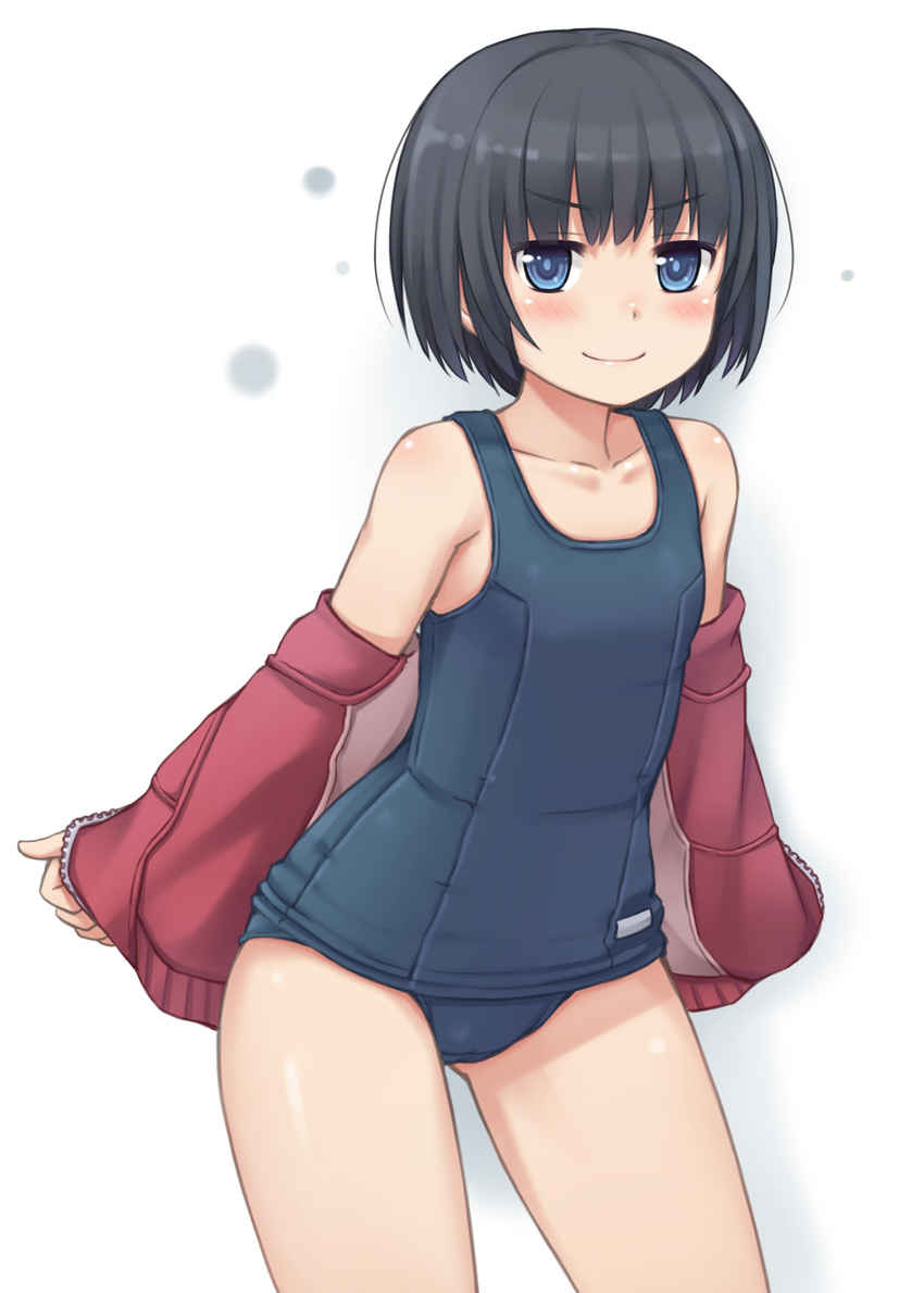 absurdres bare_shoulders blue_eyes blush cameltoe collarbone flat_chest highres jacket leaning_forward looking_at_viewer namaru_(summer_dandy) one-piece_swimsuit original school_swimsuit short_hair smile solo swimsuit track_jacket undressing