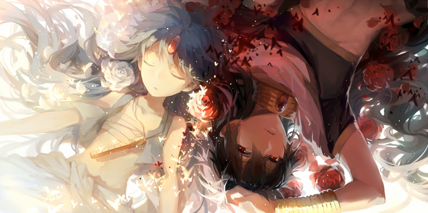 aladdin_(magi) black_hair blue_hair closed_eyes flower flute instrument jewelry judal long_hair magi_the_labyrinth_of_magic midriff multiple_boys open_mouth red_eyes rella rose rotational_symmetry