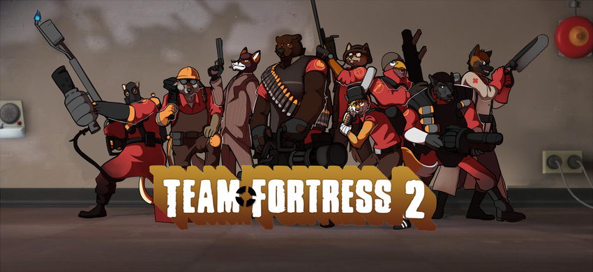 avian beak bear belt biceps black_fur blue_eyes brown_fur canine clothing demoman_(team_fortress_2) engineer_(team_fortress_2) flamethrower fox fur grey_fur gun heavy_(team_fortress_2) looking_at_viewer male mammal medic_(team_fortress_2) minigun muscles orange_fur pistol pyro_(team_fortress_2) ranged_weapon red_eyes saw scout_(team_fortress_2) sniper_(team_fortress_2) sniper_rifle solarbyte soldier_(team_fortress_2) spy_(team_fortress_2) team_fortress_2 weapon wolf