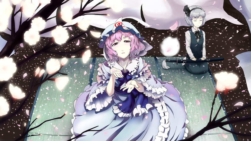 blush cherry_blossoms closed_eyes hair_ribbon hairband hat highres japanese_clothes katana konpaku_youmu multiple_girls petals pink_eyes pink_hair ribbon saigyouji_yuyuko sash short_hair silver_hair sinzan sitting skirt sword touhou tree triangular_headpiece vest weapon wide_sleeves