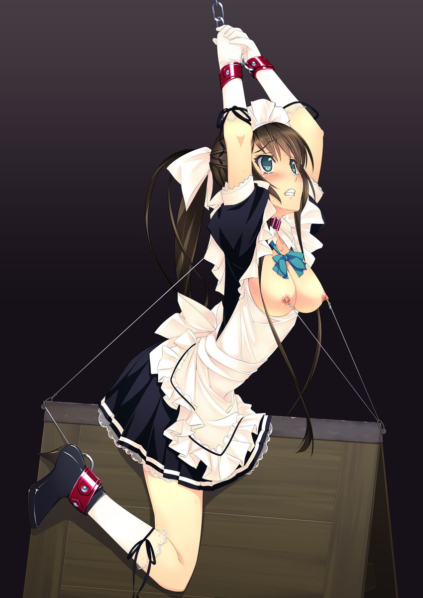 aqua_eyes bdsm blush bondage bound breasts breasts_outside brown_hair cleavage collar crotch_rub cuffs dress f-ism high_heels highres long_hair maid medium_breasts murakami_suigun nipple_piercing nipple_torture nipples open_clothes open_dress parted_lips piercing pleated_skirt ponytail predicament_bondage shoes simple_background skirt solo tears wooden_horse