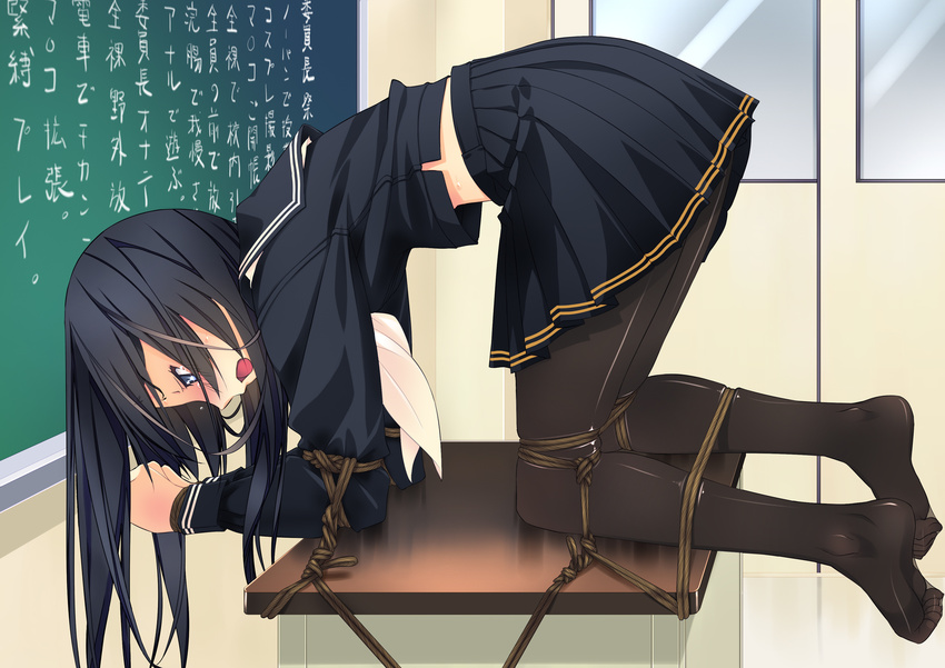 1girl bdsm black_hair bondage bound chalkboard classroom crying f-ism feet fism highres long_hair murakami_suigun no_shoes podium rope school school_uniform schoolgirl serafuku sexy solo tears toe_scrunch toes