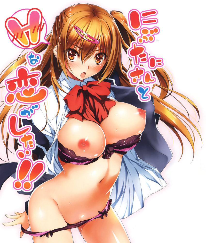 :o blush bra bra_pull breasts brown_eyes brown_hair chuunibyou_demo_koi_ga_shitai! cover cover_page doujin_cover dress_shirt groin hair_ornament hairclip highres kikurage_(plastic_people) large_breasts long_hair looking_at_viewer navel nibutani_shinka nipples one_side_up open_clothes open_shirt panties panty_pull pink_bra pink_panties rating shirt simple_background solo sweat translation_request underwear white_background