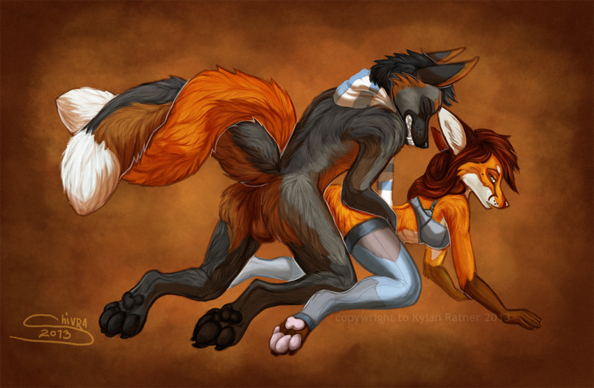 all_fours anthro balls canine claws clothed clothing cross_fox dashwood digitigrade doggy_position doggystyle duo entwined_tails female fox foxjump from_behind hindpaw lingerie male mammal nude pawpads paws penetration red_fox sex shivra skimpy soles straight toes