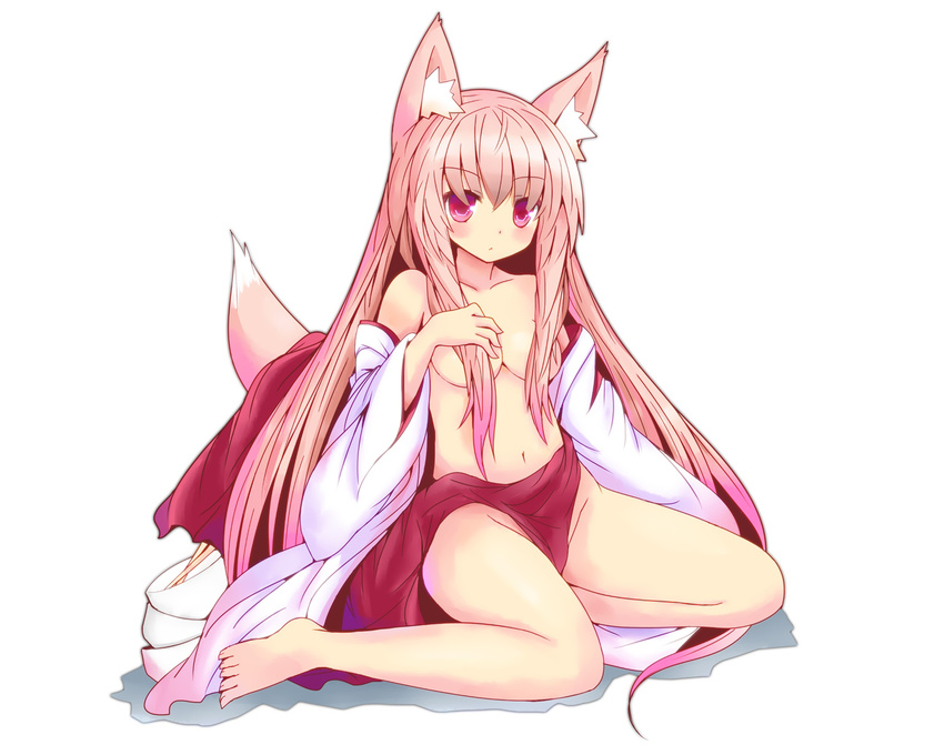 animal_ears breasts foxgirl japanese_clothes long_hair miko no_bra nopan open_shirt original shio_poteto tail