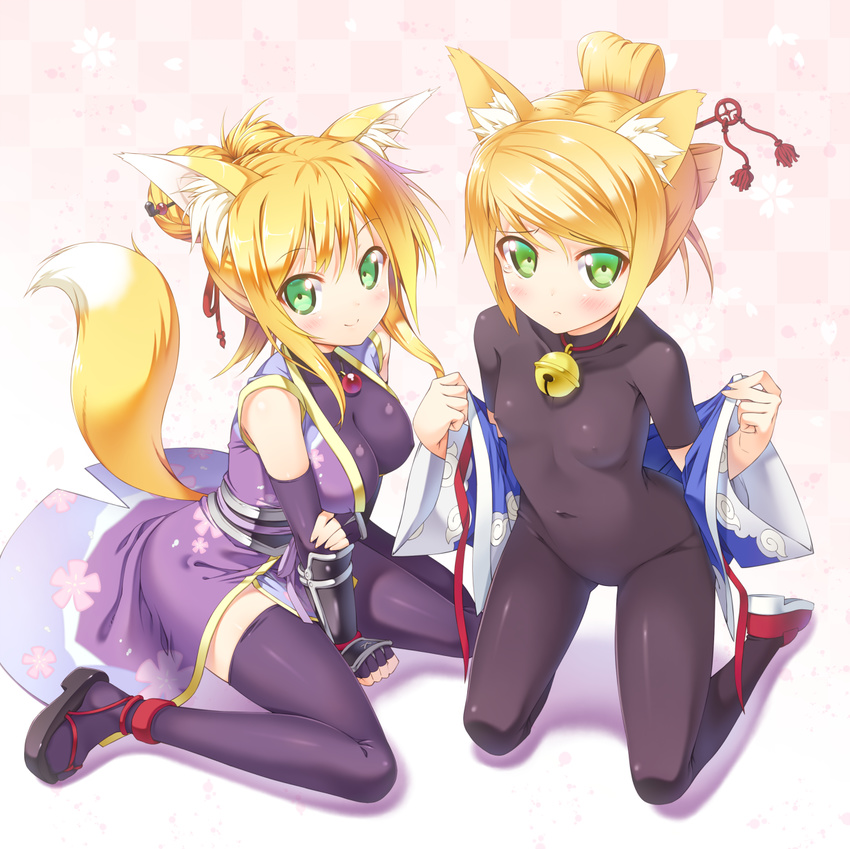 7th_dragon 7th_dragon_(series) animal_ears bell bell_collar black_gloves black_legwear blonde_hair blush bodysuit breasts collar covered_navel covered_nipples crossover dog_days elbow_gloves fingerless_gloves flat_chest fox_ears fox_tail full_body gloves green_eyes hair_ornament hair_stick highres ichi_makoto jingle_bell large_breasts look-alike looking_at_viewer multiple_girls namuna_(7th_dragon) samurai_(7th_dragon) sandals sitting skin_tight smile tail tears thighhighs wariza yukikaze_panettone