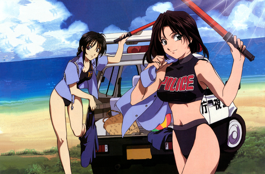 90s ahoge aiguillette aqua_eyes ball bangs bare_shoulders basket baton beach beachball bikini bikini_under_clothes black_bikini black_hair black_swimsuit blue_shirt blue_skirt braid breasts buttons car cleavage clothes_removed clothes_writing cloud collared_shirt day error grass ground_vehicle halterneck holding honda honda_today kobayakawa_miyuki leaning leg_lift lens_flare light_rays light_smile long_hair looking_at_viewer medium_breasts motor_vehicle multiple_girls navel ocean official_art one-piece_swimsuit open_clothes open_shirt outdoors over_shoulder police police_car police_uniform policewoman purple_eyes shirt short_hair short_sleeves sidelocks single_braid skirt skirt_around_one_leg sky smile sports_bikini standing standing_on_one_leg sunbeam sunlight swimsuit swimsuit_under_clothes tankini traffic_baton tsujimoto_natsumi turtleneck undressing uniform water whistle you're_under_arrest