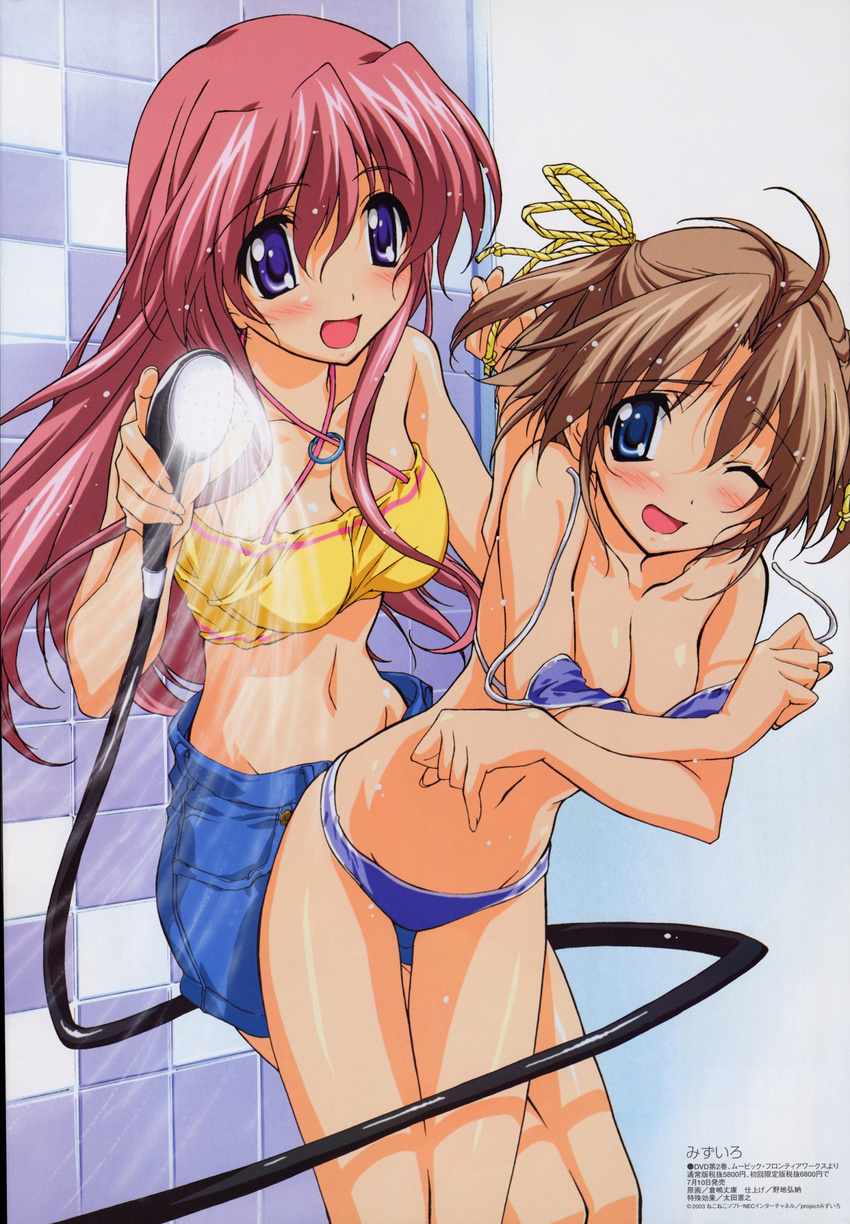 bikini bikini_top blue_eyes blush breast_hold breasts brown_hair cleavage denim denim_shorts hayasaka_hiyori highres katase_yuki kurashima_tomoyasu medium_breasts mizuiro multiple_girls non-web_source one_eye_closed pink_hair short_hair shorts shower_head showering swimsuit wardrobe_malfunction