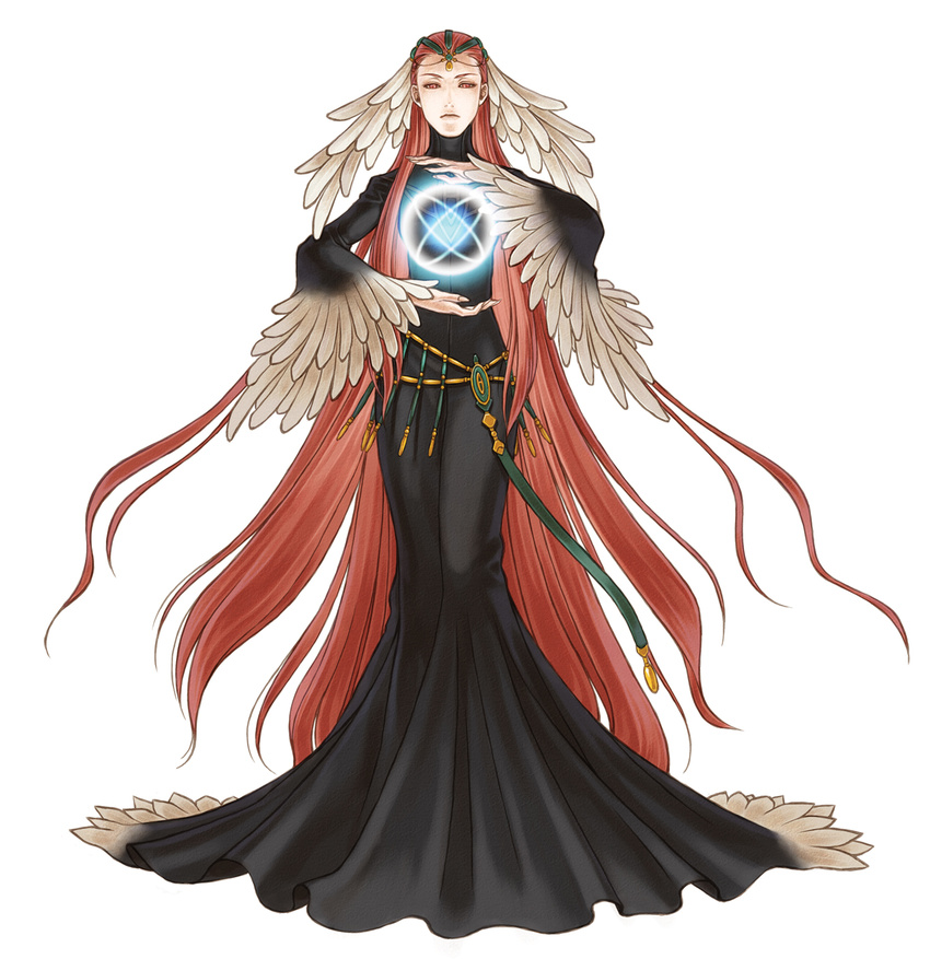 ashera belly_chain dress feathers fire_emblem fire_emblem:_akatsuki_no_megami highres jewelry kita_senri long_hair magic official_art red_hair simple_background solo very_long_hair white_background